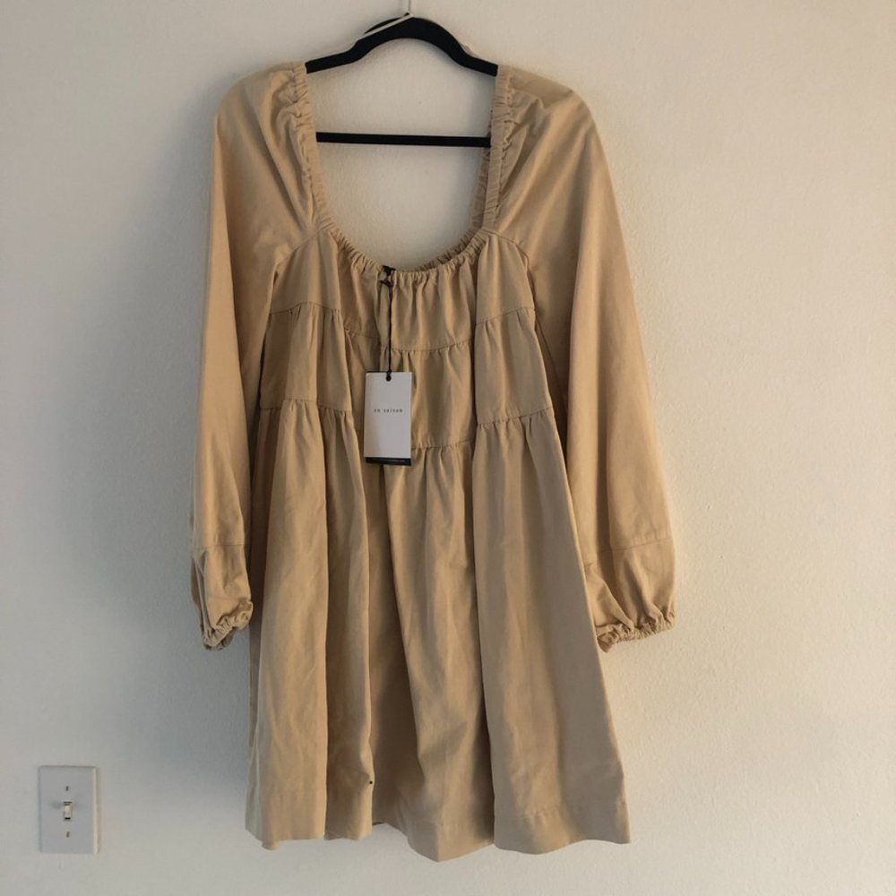 NWT En Saison Tan Puff Sleeve Tiered Dress Women's Size Medium
